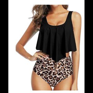 NEW Black Two Piece Ruffled Top Leopard High Waisted Tankini Women's XXL